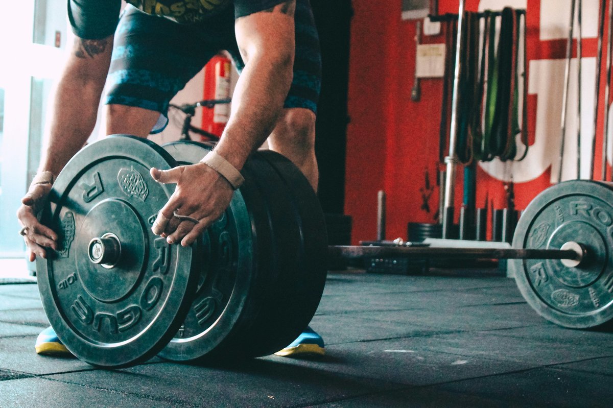 Barbell with weight plates in gym training environment